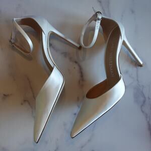 Stuart Weitzman Heels Womens 8 White Stuart 100 Strap Pump Satin Wedding Shoes